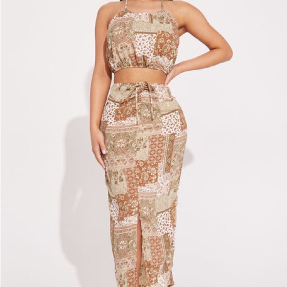 Iris Brown Patchwork Print Maxi Skirt with Front Slit